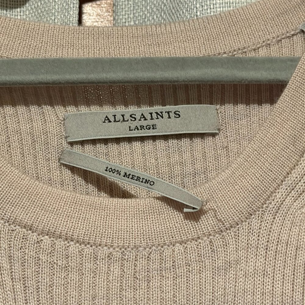 AllSaints Keld Ribbed Merino Wool Asymmetrical Sweater Dress Cream L - Picture 6 of 12